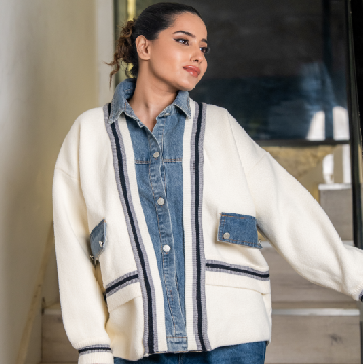 The 'Haute Architect' Hybrid: Structured Knit Cardigan with Dark Denim Contrast