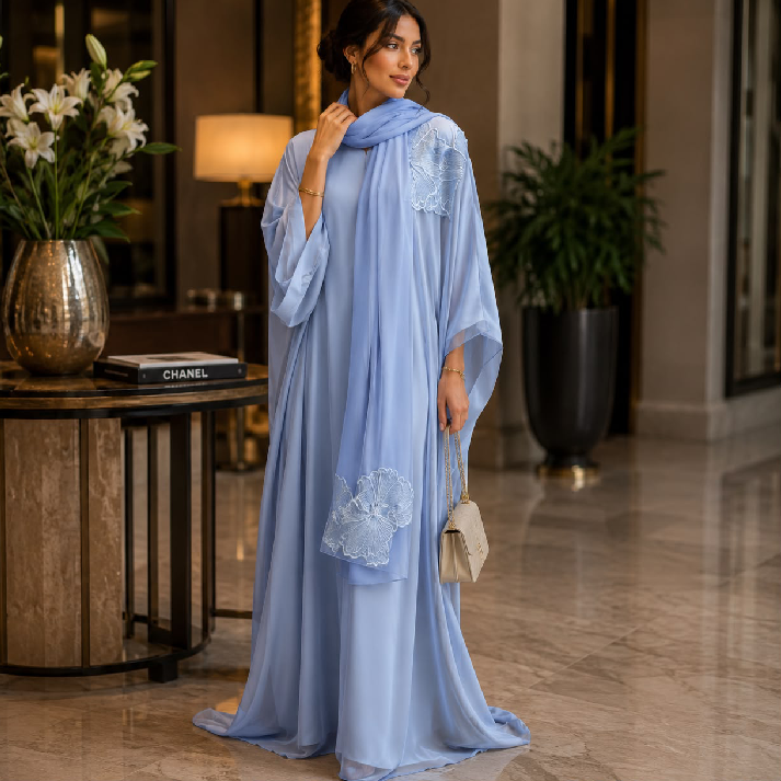 Embroidered Chiffon Kaftan Maxi Dress with Matching Dupatta – Sky Blue