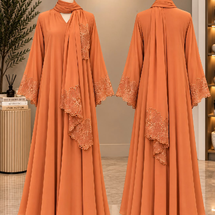 Elegant Rust Orange Lace Detail Long Dress for Women