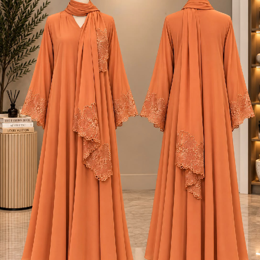 Elegant Rust Orange Lace Detail Long Dress for Women