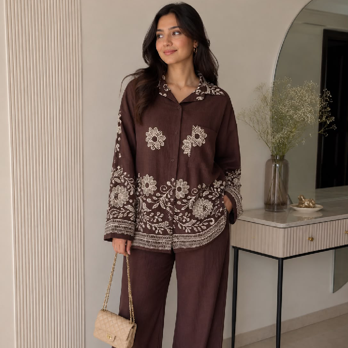 Brown Floral Printed Co-Ord Set for Women | Premium Casual & Lounge Wear