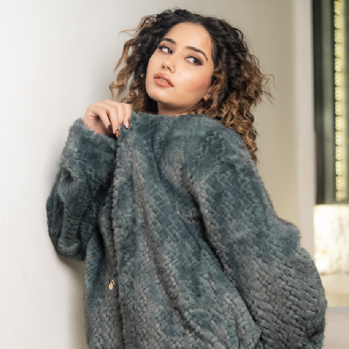 The 'Azure Sable' Statement Coat: Dusty Blue Structured Ribbed Faux Fur