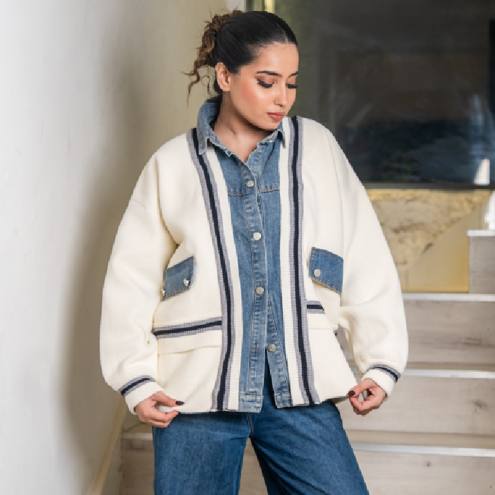 The 'Haute Architect' Hybrid: Structured Knit Cardigan with Dark Denim Contrast