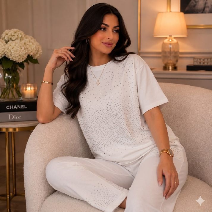 Embellished Rhinestone T-Shirt & Straight Pants Co-Ord Set – White