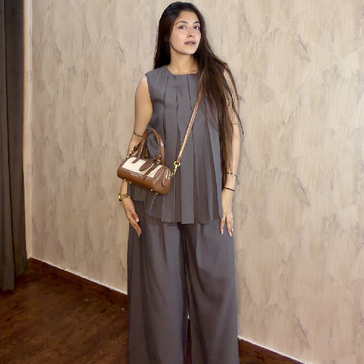 Elegant Grey Pleated Co-Ord Set for Women
