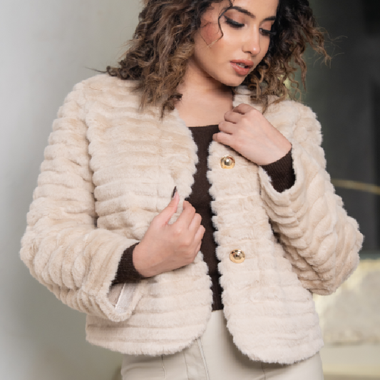 The 'Dark Mink Aura' Jacket: Cropped Textured Faux Fur with Gold Buttons