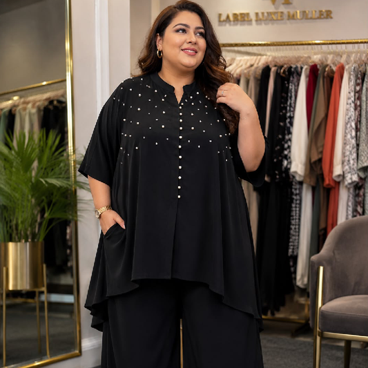 Black Embellished Flowing Co-Ord Set with Wide-Leg Pants