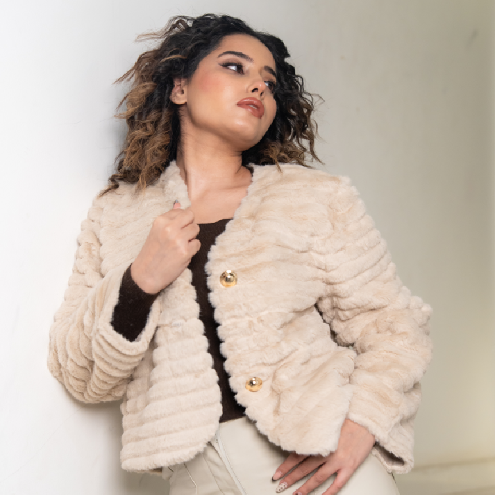 The 'Dark Mink Aura' Jacket: Cropped Textured Faux Fur with Gold Buttons