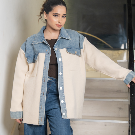 The 'Couture Canvas' Hybrid: Dark Denim Panel Knit Statement Jacket