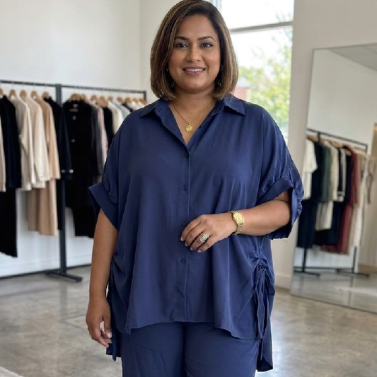 Relaxed-Fit Co-Ord Set with Side-Tie Detail – Available in Navy Blue & Beige