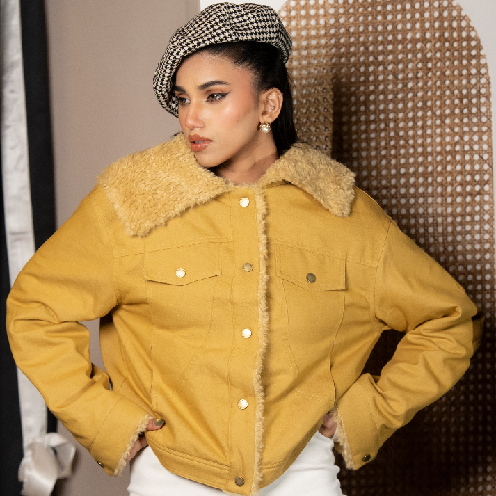 The 'Mustard Aviator' Luxe Tweed Blazers: Contrast Shearling Collar & Gold Hardware