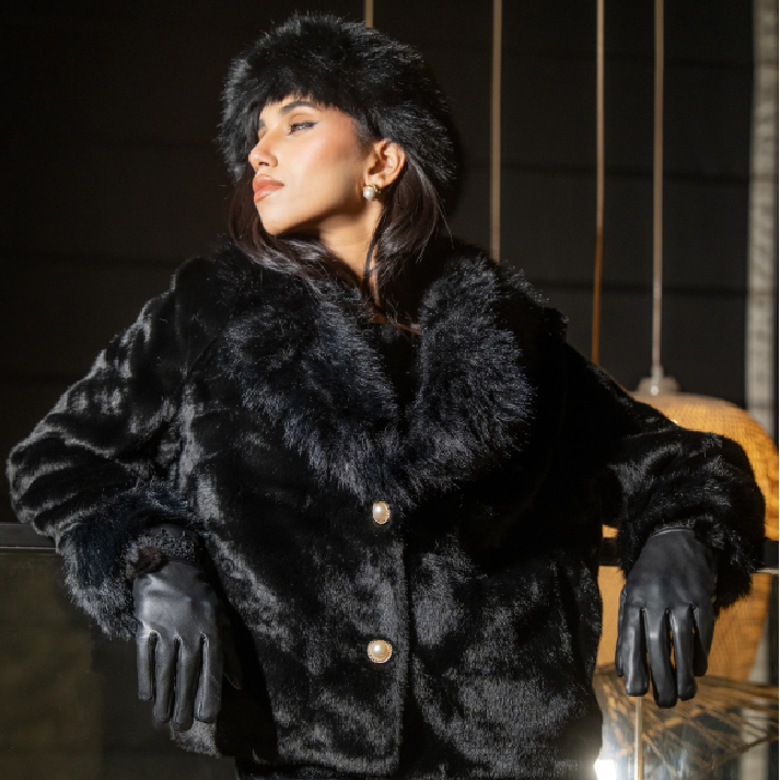 The 'Midnight Velour' Jacket: Cropped Faux Fur with Statement Collar