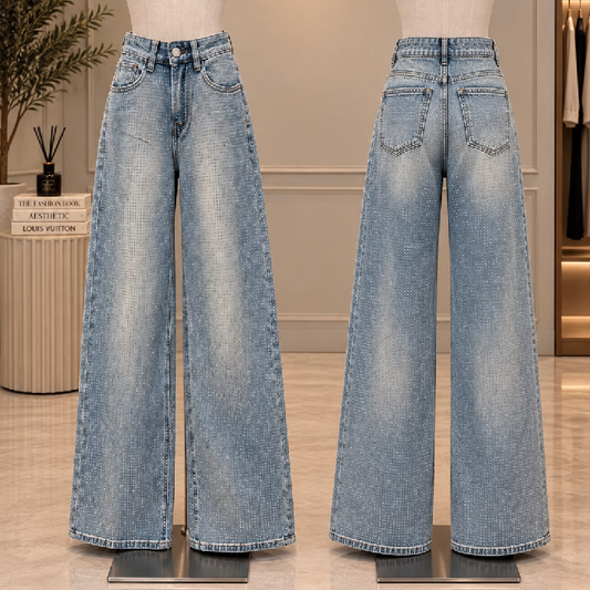 Light Blue Rhinestone Wide-Leg Jeans