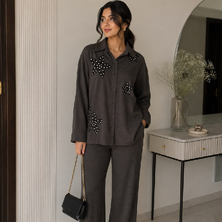 Women's Charcoal Floral Appliqué Co-Ord Set | Relaxed Fit Shirt & Wide Leg Pants
