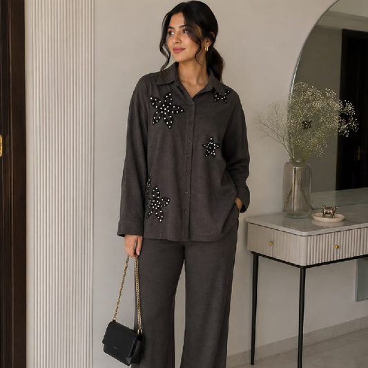 Women's Charcoal Floral Appliqué Co-Ord Set | Relaxed Fit Shirt & Wide Leg Pants