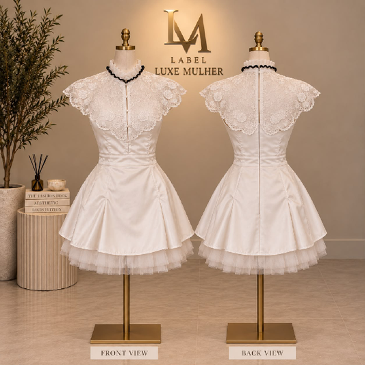 Ivory Satin Lace Collar Mini Dress with Tulle Hem