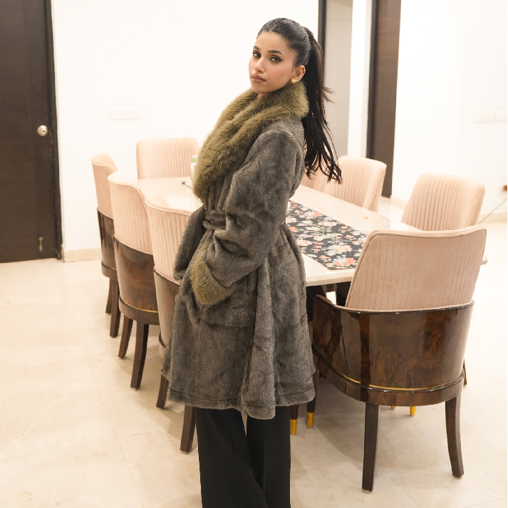 The Emerald Shadow Faux-Fur Belted Wrap Coat