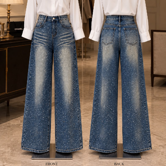 Mid-Wash Wide-Leg Studded Distressed Jeans