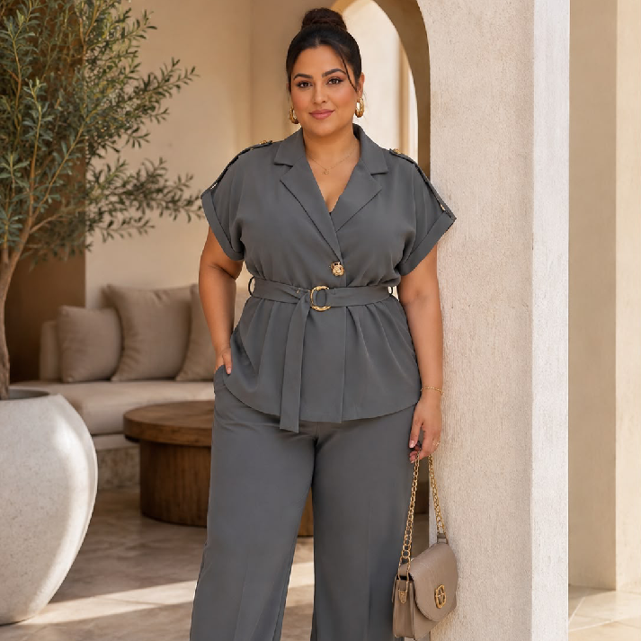 Belted Tailored Co-Ord Set with Wide-Leg Pants – Slate Grey