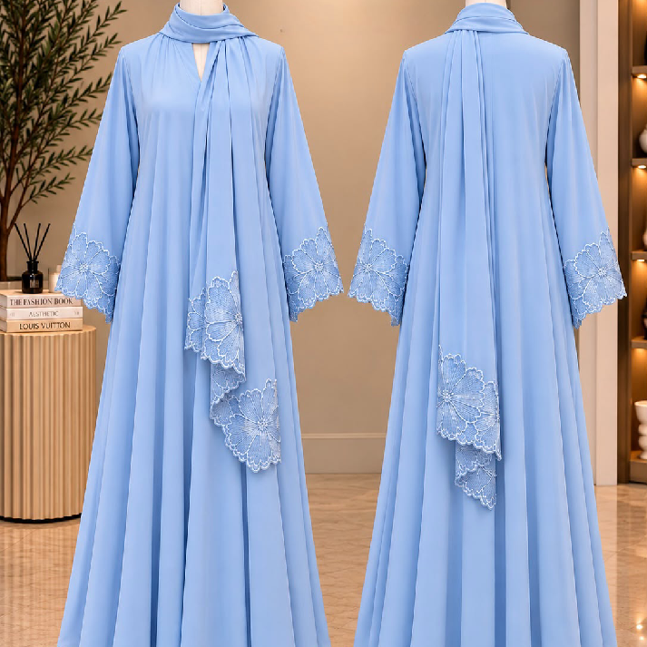 Embroidered Chiffon Kaftan Maxi Dress with Matching Dupatta – Sky Blue