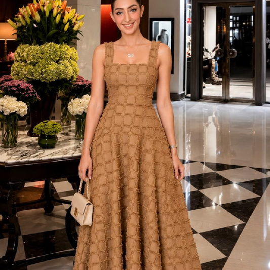Mocha Textured Square-Neck Flared Maxi Dress
