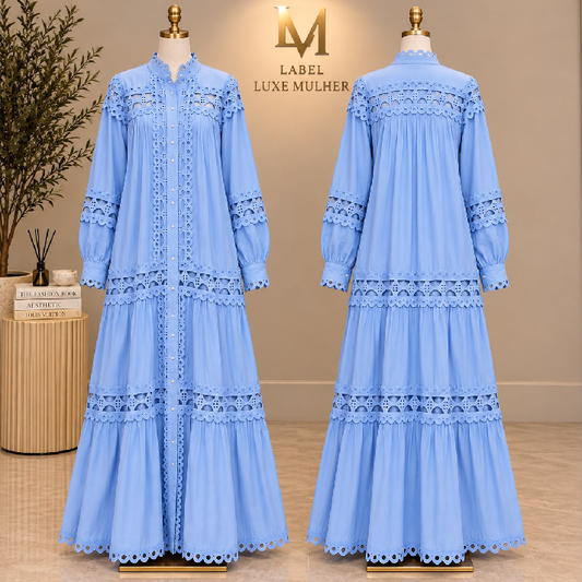 Sky Blue Lace Detail Button-Front Maxi Dress