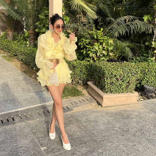 Elegant Pastel Yellow Ruffle Romper Dress with Lace-Up Front