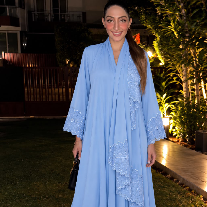 Embroidered Chiffon Kaftan Maxi Dress with Matching Dupatta – Sky Blue