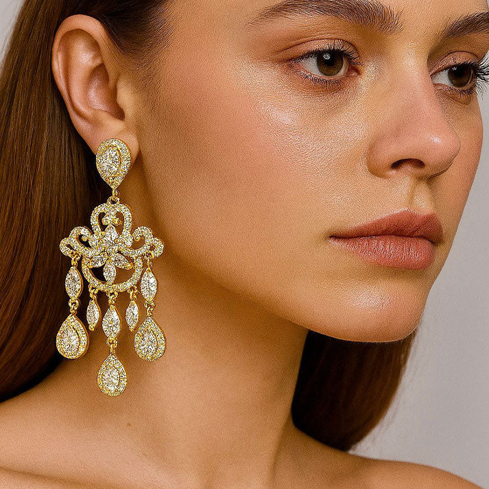Golden Glamour: Ornate Diamond Drop Earrings in Regal Design