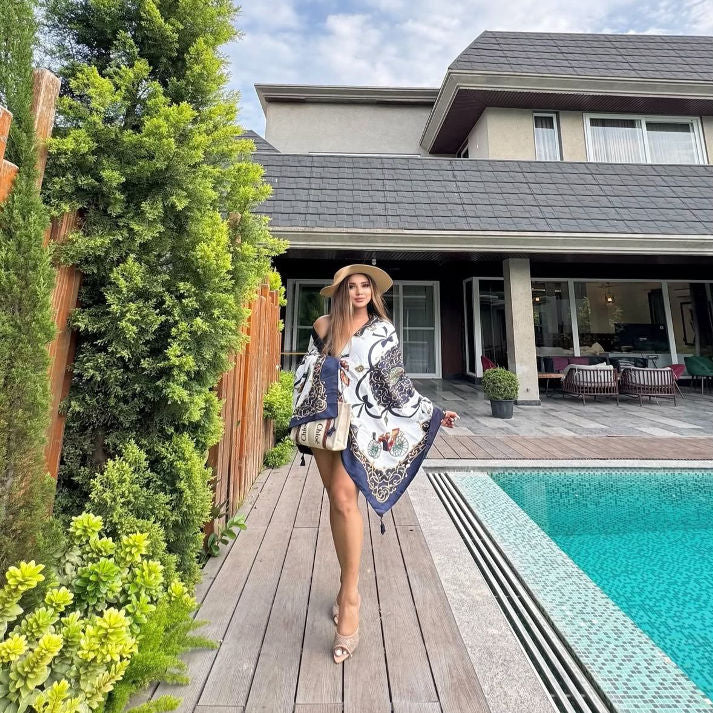 Luxury Silk Scarf in Navy & Gold Baroque Print | Luxe Mulher