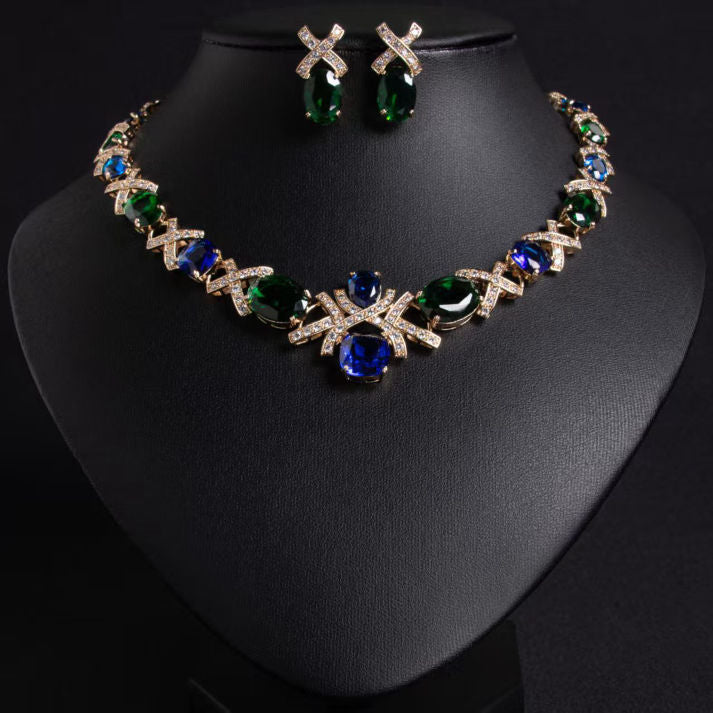 Luxury Green & Blue Gemstone Necklace with Matching Earrings | Luxe Mulher