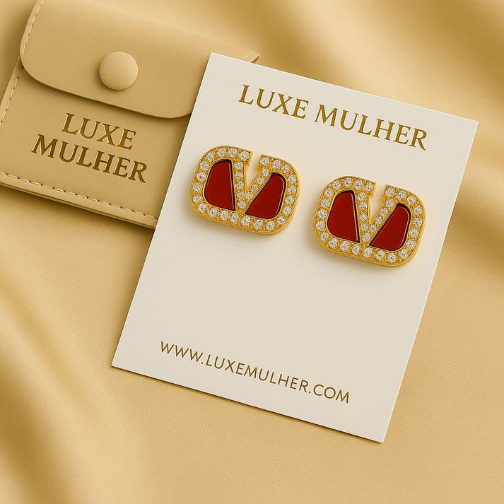 Valentino-Inspired Red Enamel Stud Earrings with Diamond Border – Luxe Mulher