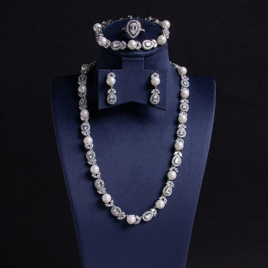 Elegant Pearl & Diamond Necklace with Matching Drop Earrings | Luxe Mulher
