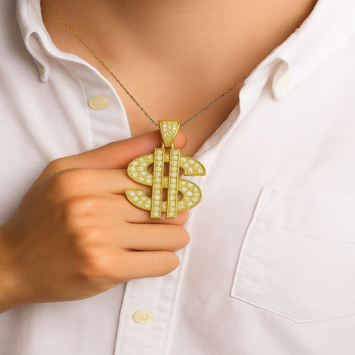 Gold Dollar Sign Pendant | Iced Out Money Symbol Necklace