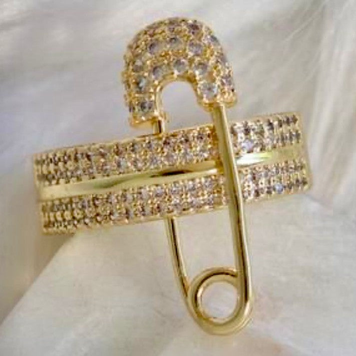 Gold Safety Pin Ring with Diamonds – Trendy Statement Jewelry