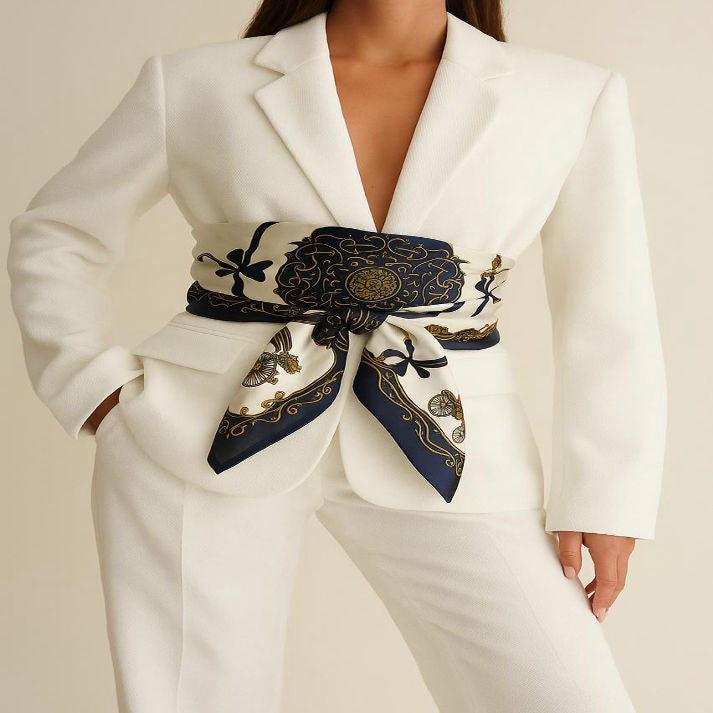 Luxury Silk Scarf in Navy & Gold Baroque Print | Luxe Mulher