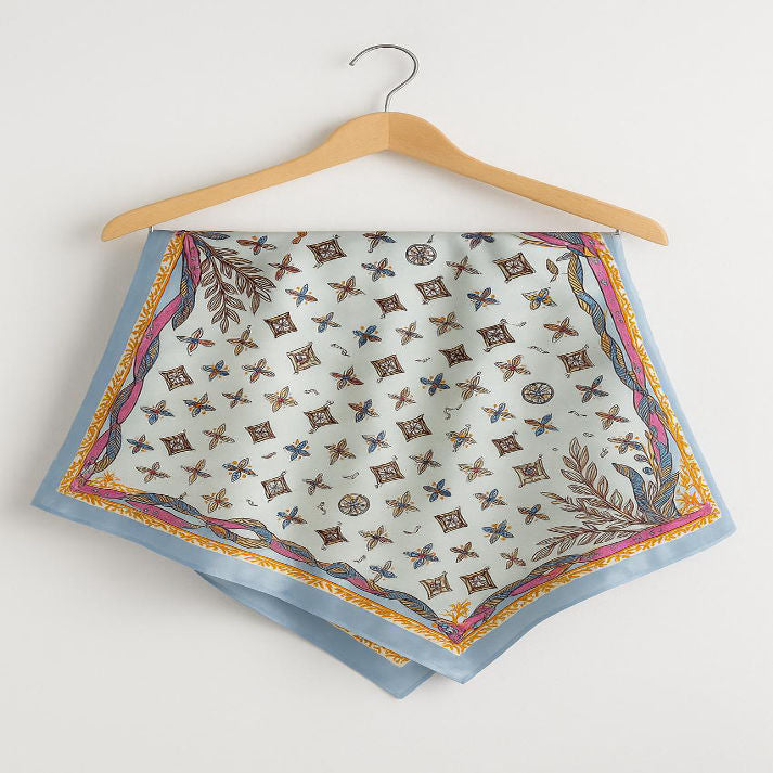 Elegant Light Blue Silk Scarf with Floral & Butterfly Print | Luxe Mulher