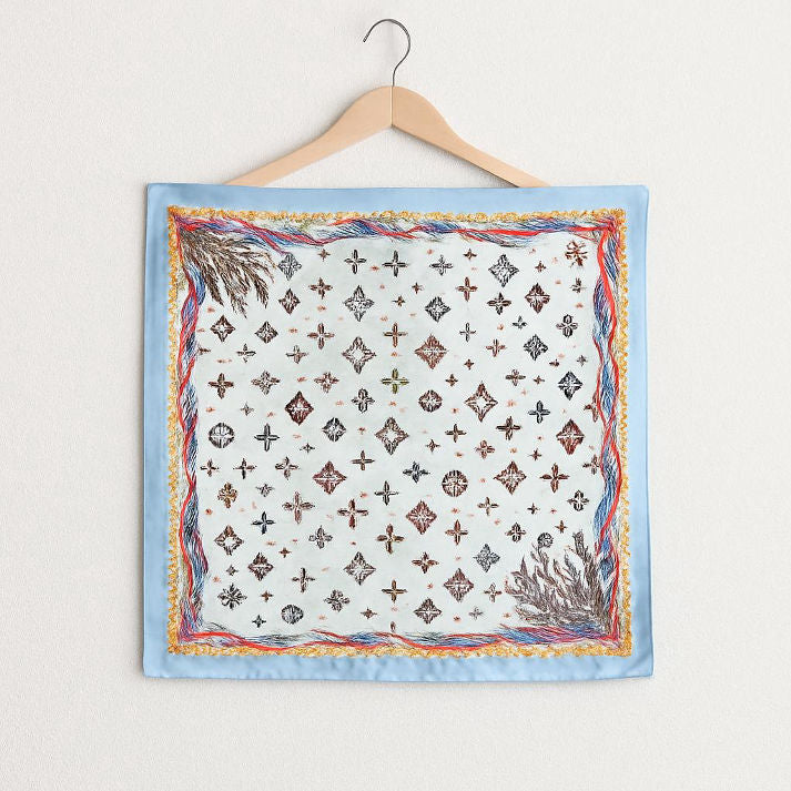 Elegant Light Blue Silk Scarf with Floral & Butterfly Print | Luxe Mulher