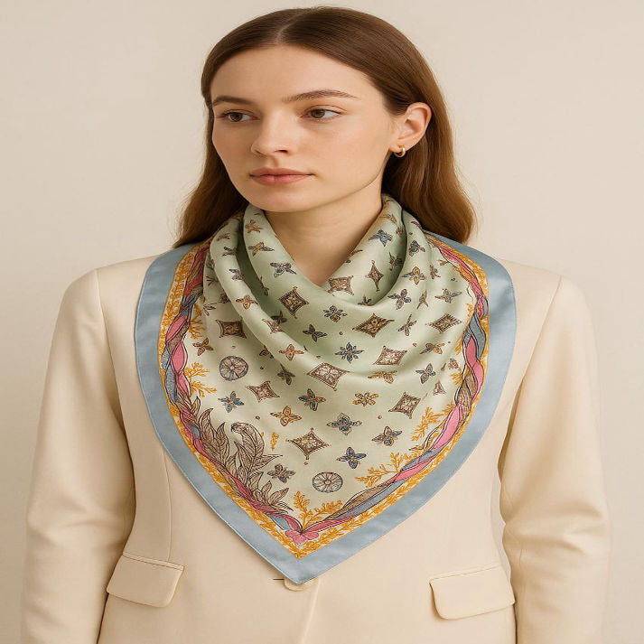 Elegant Light Blue Silk Scarf with Floral & Butterfly Print | Luxe Mulher