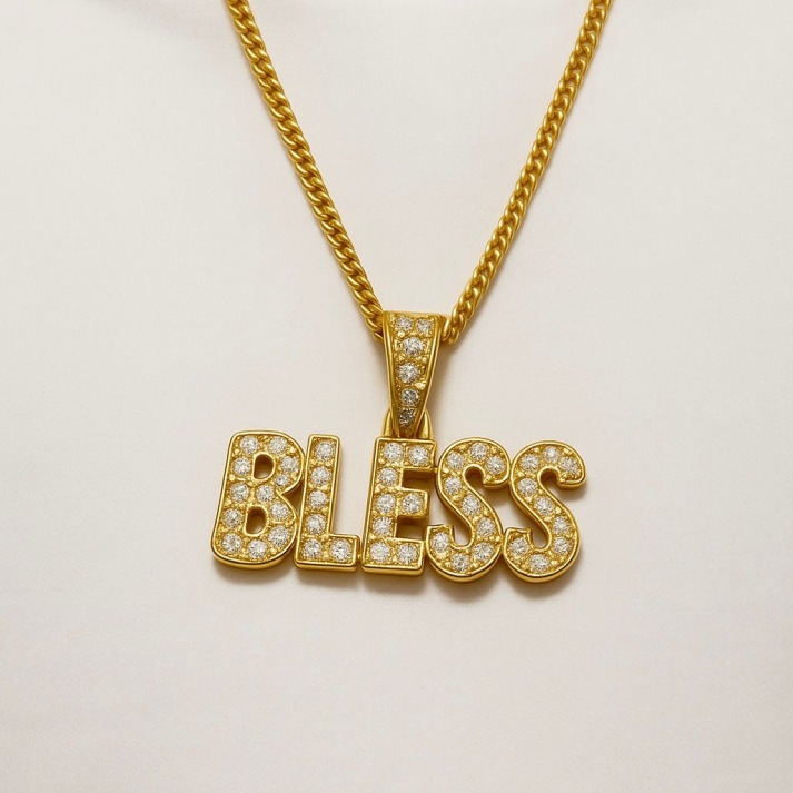 Gold “BLESS” Pendant with Diamonds – Luxury Statement Chain