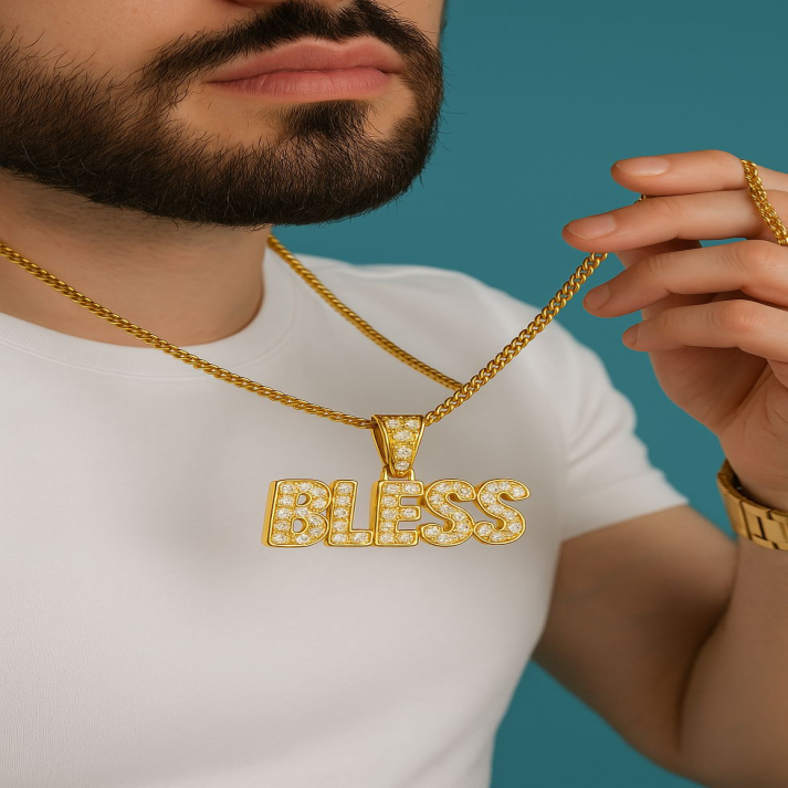 Gold “BLESS” Pendant with Diamonds – Luxury Statement Chain