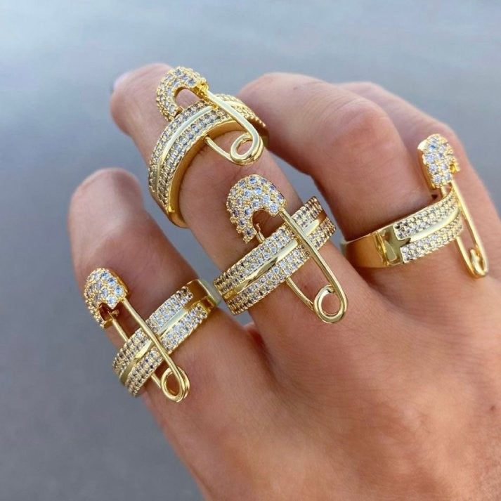 Gold Safety Pin Ring with Diamonds – Trendy Statement Jewelry