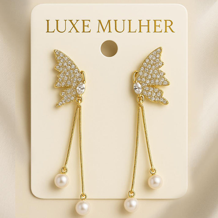 Butterfly Pearl Drop Earrings – Luxe Gold Sparkle Design