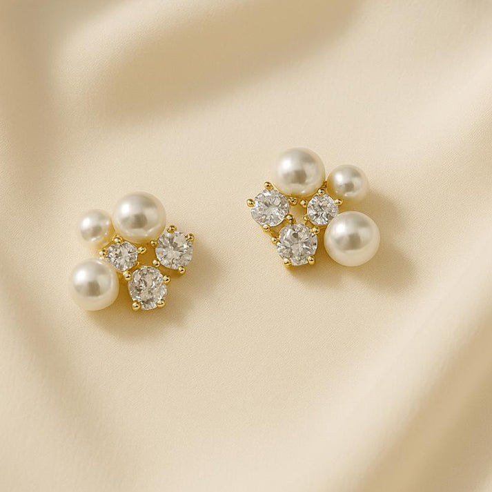 Elegant Pearl & Crystal Cluster Stud Earrings – Gold
