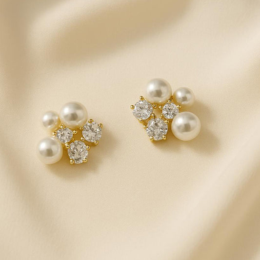 Elegant Pearl & Crystal Cluster Stud Earrings – Gold